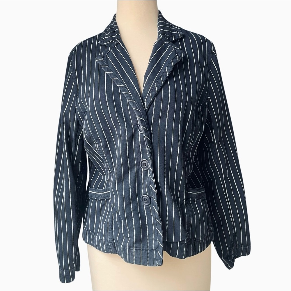 L.L. Bean Cotton Navy White Striped Blazer Jacket Sz 12P Vintage